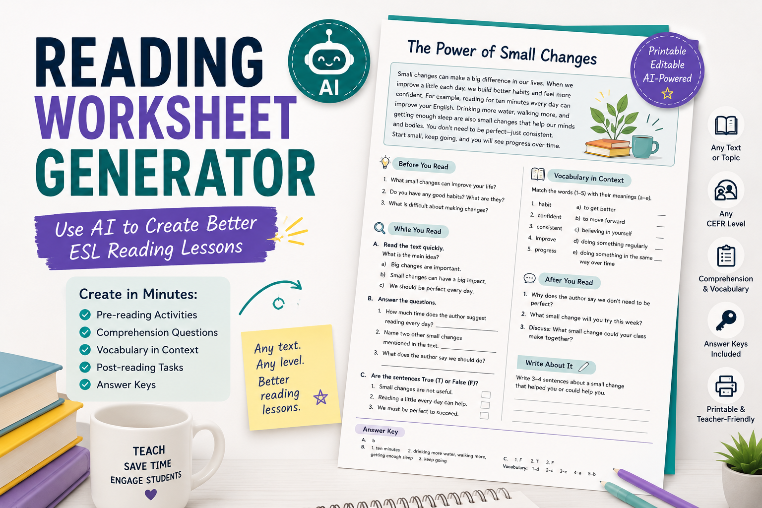 Reading Worksheet Generator: 7 AI Prompts for Better ESL Reading Lessons