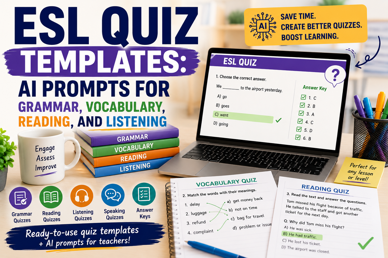 ESL Quiz Templates: AI Prompts for Grammar, Vocabulary, Reading, and Listening
